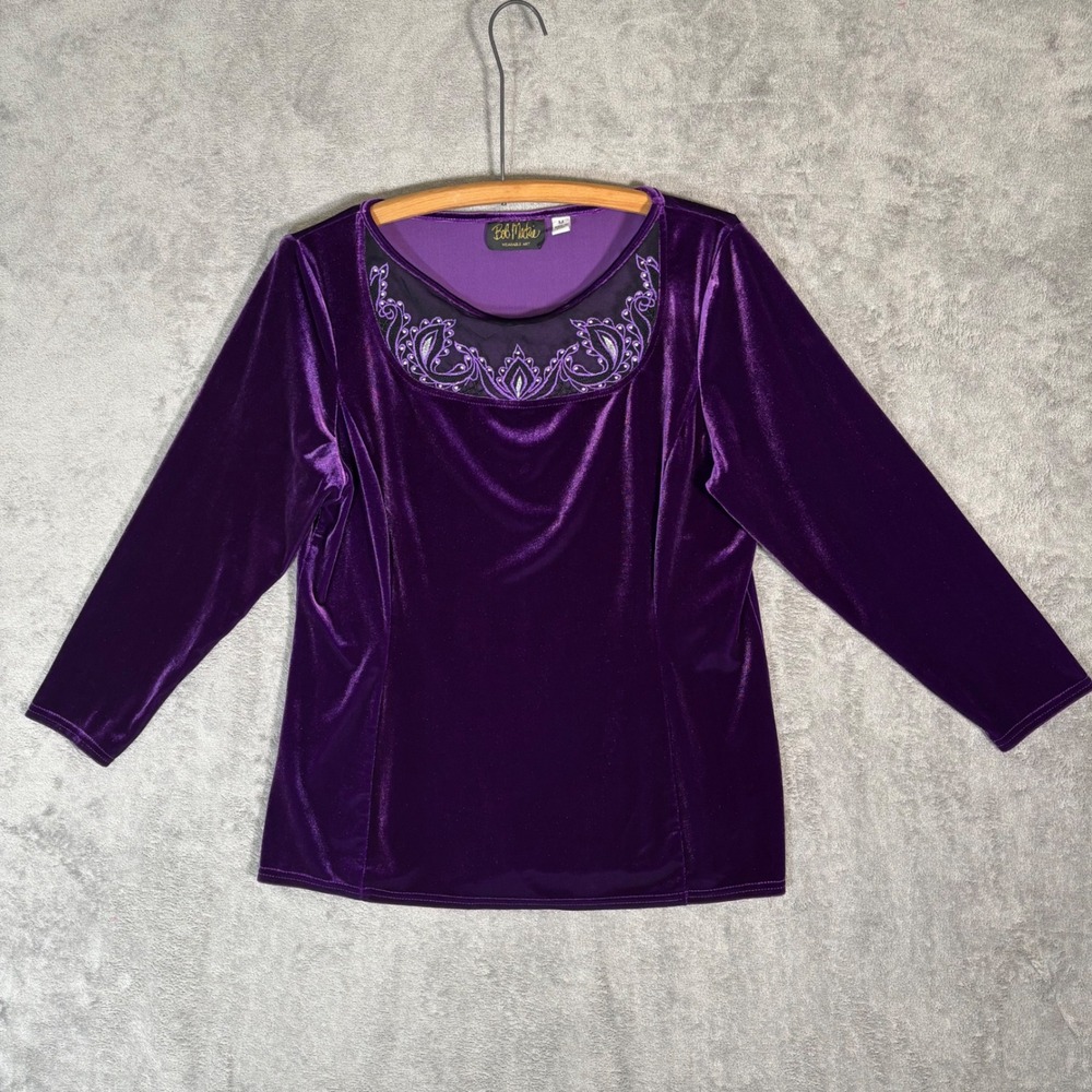 Bob‎ Mackie Wearable Art Purple Velvet Embroidered Mesh Scoop Neck Top M Whimsy